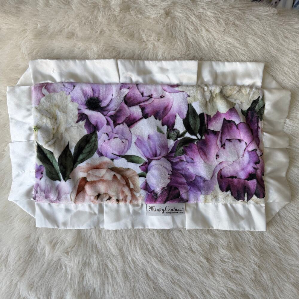 Minky Couture Mini Baby Lovey Blanket Floral purple ivory peach satin trim
